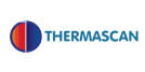 Logo with "Thermascan" text in blue on a black background. A circle on the left is divided red and blue, conveying thermal imagery.