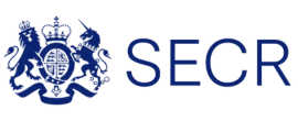 A royal blue emblem with a lion, unicorn, and crown is next to the text "SECR" on a black background, conveying a formal and official tone.