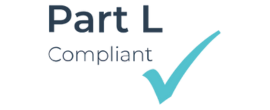 "Dark background with 'Part L Compliant' text in bold above a large turquoise checkmark, indicating compliance and assurance."