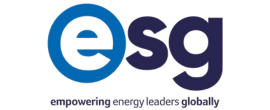 Blue and black logo with the text "esg." Below, the phrase "empowering energy leaders globally" is written in a sleek, modern font.