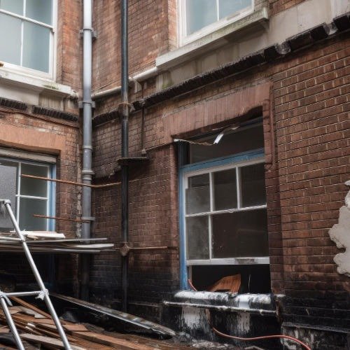 Old brick building exterior with two large windows. Scaffolding and debris suggest ongoing renovation. The scene is weathered, evoking a sense of restoration.