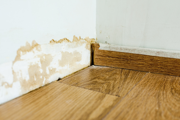 Peeling paint and water damage on a white wall corner above a wooden floor with brown trim, conveying neglect and dampness.