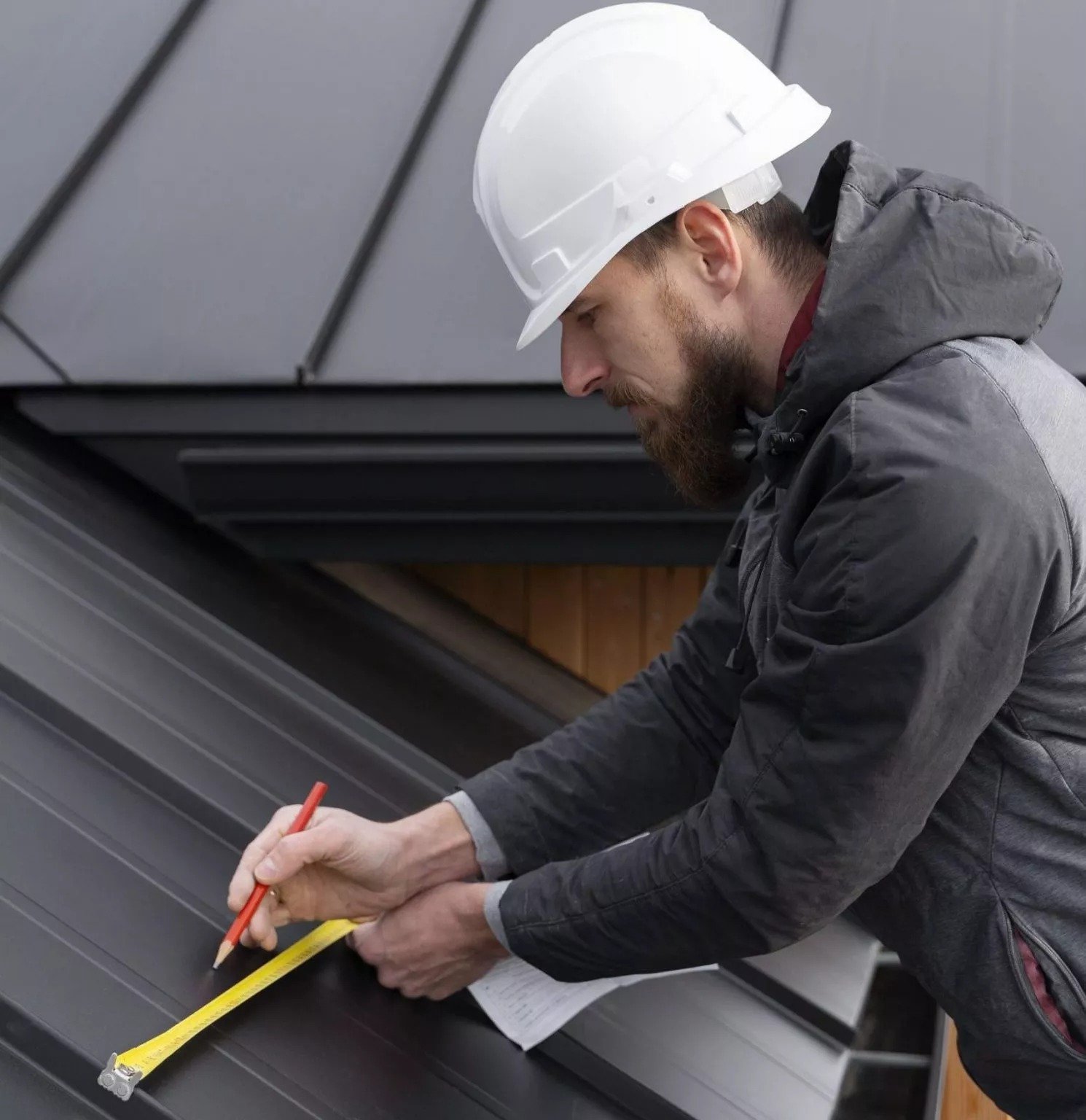 A person in a hard hat and jacket measures a metal roof with a tape measure, focusing intently while writing notes. The scene conveys precision and diligence.