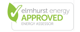 Logo showing a green checkmark within a leaf, labeled "Elmhurst Energy Approved Energy Assessor" in gray and green text, symbolizing certification. building surveyors