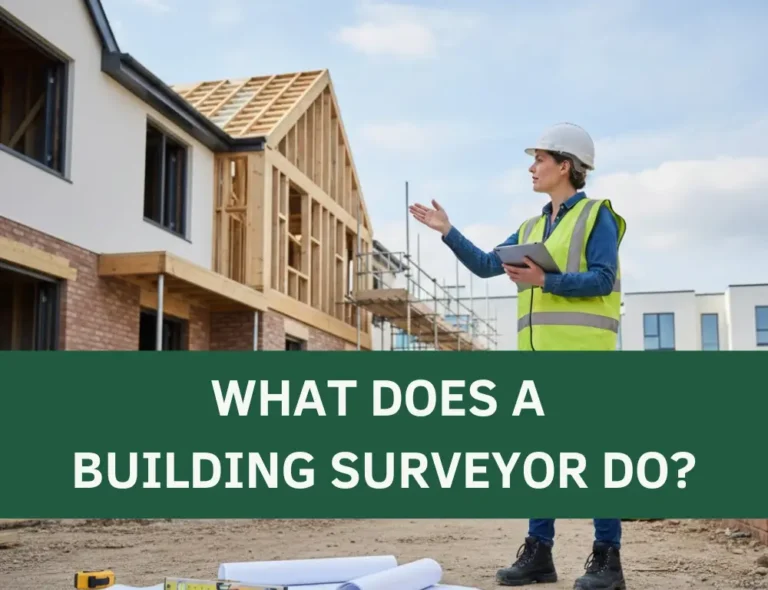 Female building surveyor in a hard hat and safety vest gesturing toward a house under construction, overlaid with the text "WHAT DOES A BUILDING SURVEYORS DO?".