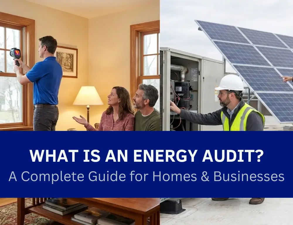 An energy audit graphic showing an inspector using a thermal camera on a window for homeowners and a technician inspecting equipment near solar panels, overlayed with text: "WHAT IS AN ENERGY AUDITS? A Complete Guide for Homes & Businesses".